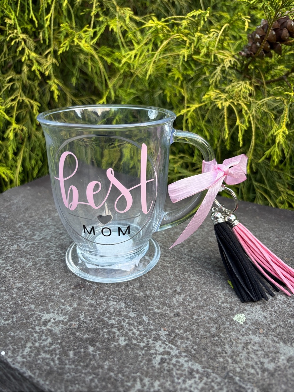 Best Mom Pink Glass Coffee Mug with Tassel Accent